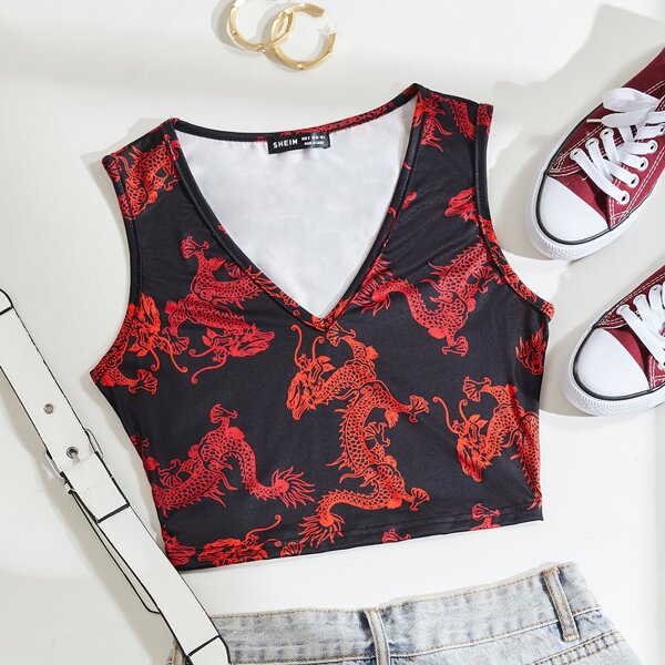 

Chinese Dragon Print Tank Top, Multicolor