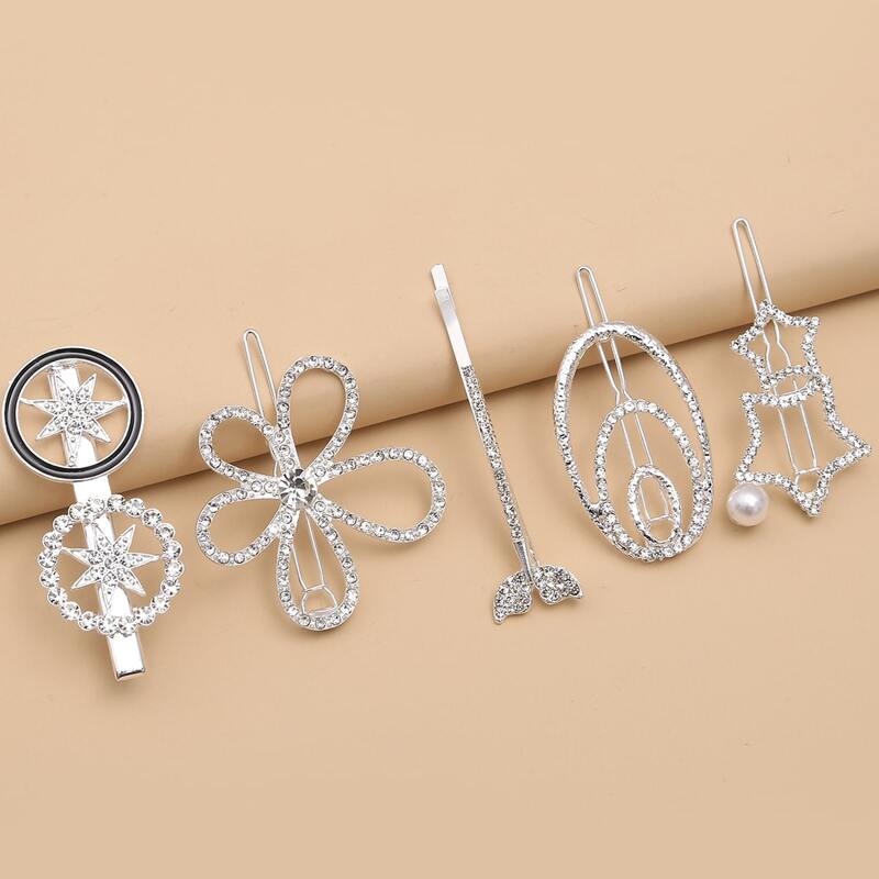 

5pcs Rhinestone Decor Hair Clip, Silver