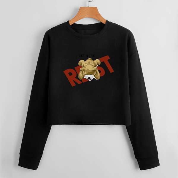 

Cartoon Bear And Letter Graphic Sweatshirt, Black