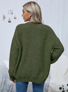 SHEIN LUNE 前开落肩纯色开衫，女士春/秋休闲蝙蝠袖常规版型绿色纯色女士开衫，休闲日常穿着，长袖上衣 - 軍綠色 - 查看 2