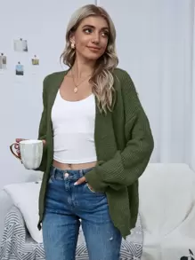 SHEIN LUNE 前开落肩纯色开衫，女士春/秋休闲蝙蝠袖常规版型绿色纯色女士开衫，休闲日常穿着，长袖上衣 - 軍綠色 - 查看 3