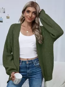 SHEIN LUNE 前开落肩纯色开衫，女士春/秋休闲蝙蝠袖常规版型绿色纯色女士开衫，休闲日常穿着，长袖上衣 - 軍綠色 - 查看 5