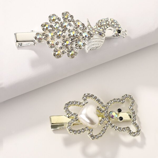 

2pcs Rhinestone Bear Decor Hair Clip, Multicolor