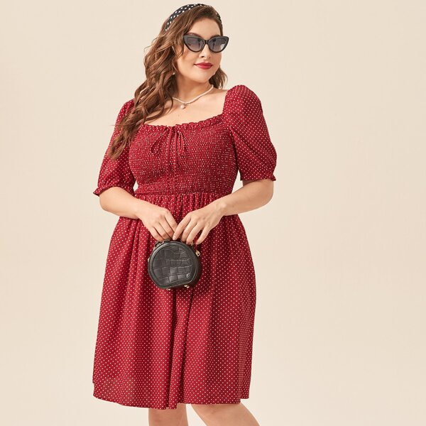 

Plus Polka Dot Shirred Dress, Burgundy