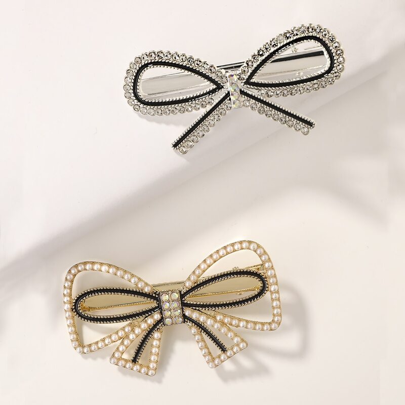 

2pcs Faux Pearl & Rhinestone Bow Decor Hair Clip, Multicolor