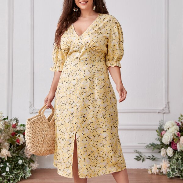 

Plus Ditsy Floral Print Flounce Sleeve Slit Hem Dress, Yellow