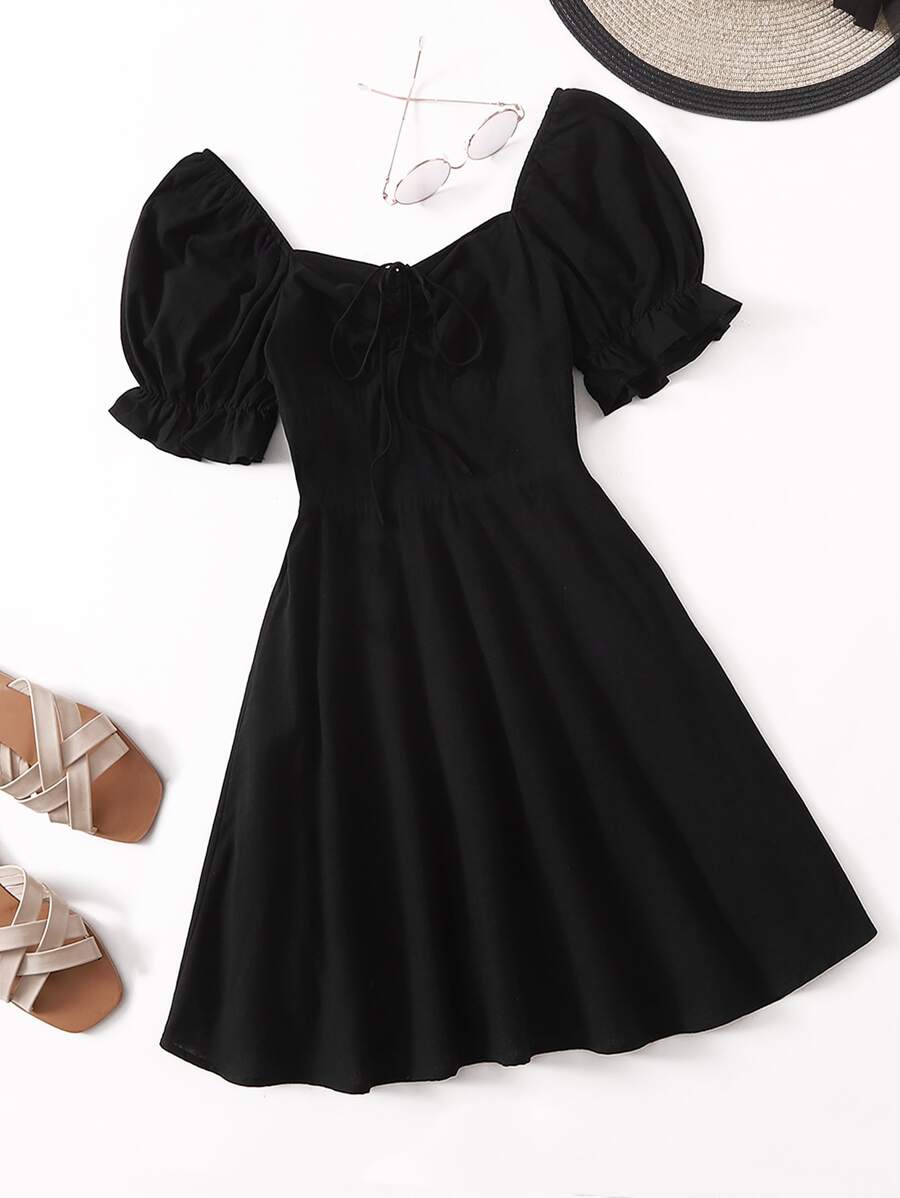 SHEIN MOD Vestido Con Cordones Y Nudo En La Frente - Negro - Ver 1