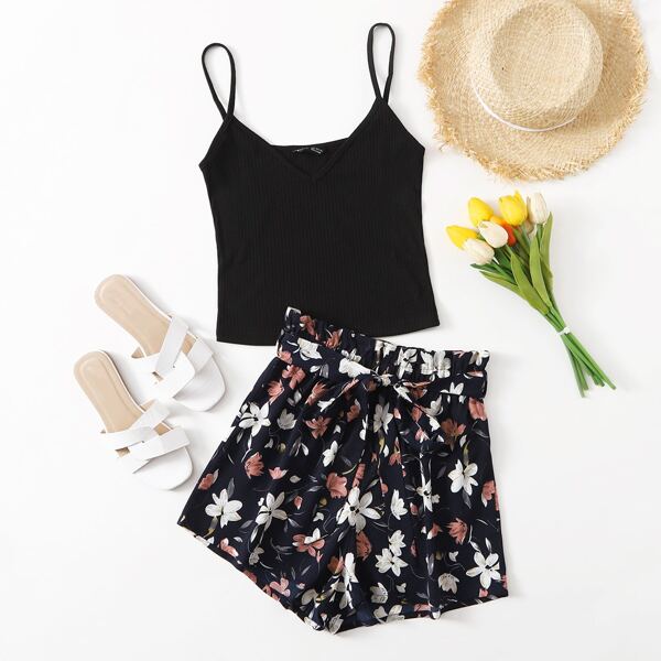 

Rib-knit Cami Top and Paperbag Waist Shorts Set, Multicolor