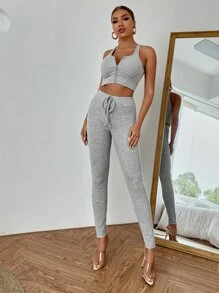 SHEIN SXY 羅紋拉鏈背心上衣和緊身褲 - 灰色 - 查看 3