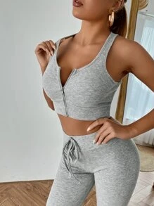 SHEIN SXY 羅紋拉鏈背心上衣和緊身褲 - 灰色 - 查看 4