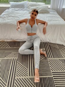 SHEIN SXY 羅紋拉鏈背心上衣和緊身褲 - 灰色 - 查看 6