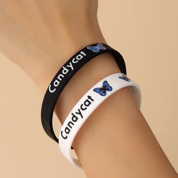 

2pcs Letter Graphic Silicone Bracelet, Multicolor