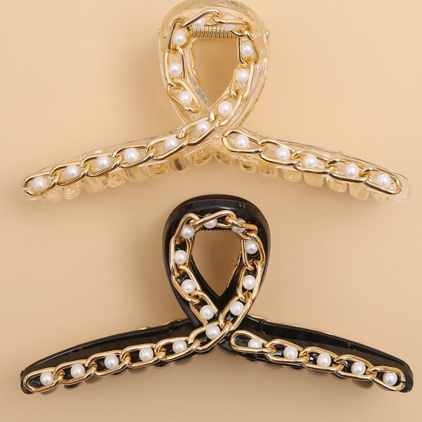 

2pcs Faux Pearl Decor Hair Claw, Multicolor