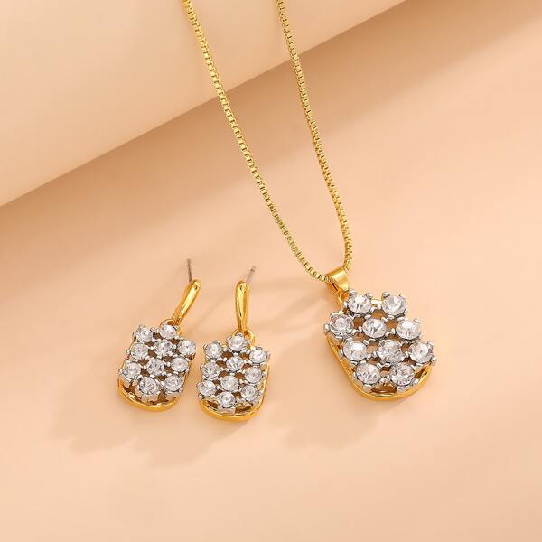 

Rhinestone Decor Geometric Charm Necklace & 1pair Drop Earrings, Gold