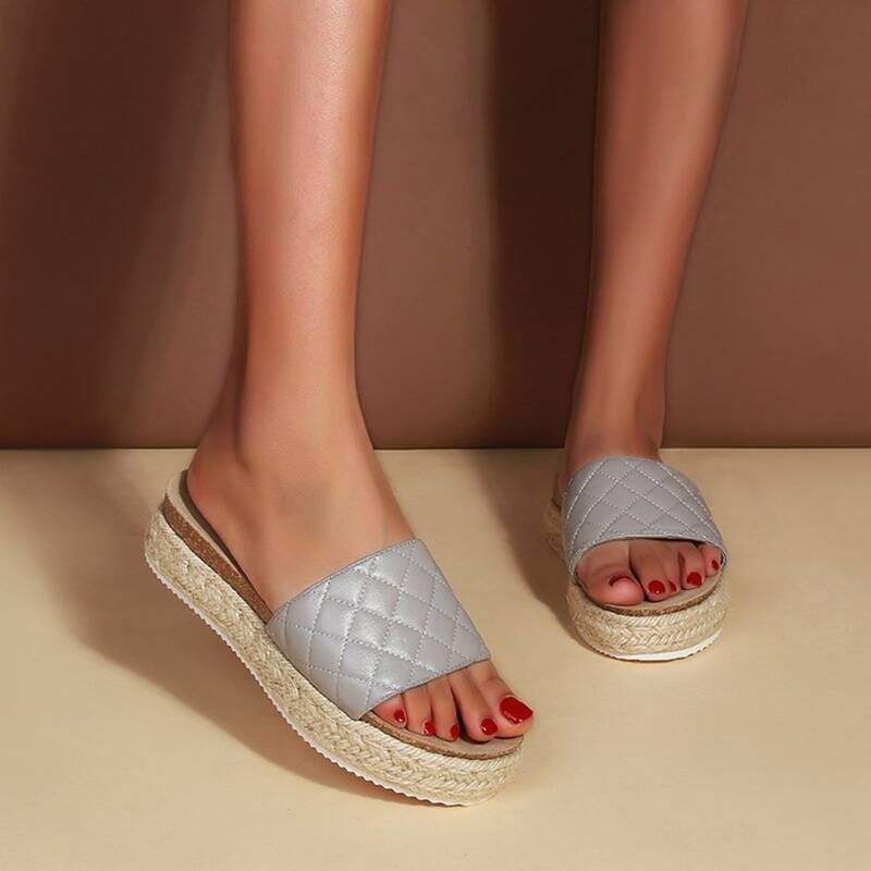 

Quilted Wide Band Slide Sandals, Grey