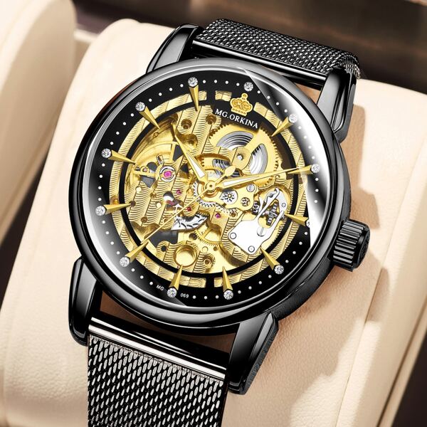 

Men Skeleton Mesh Strap Mechanical Watch