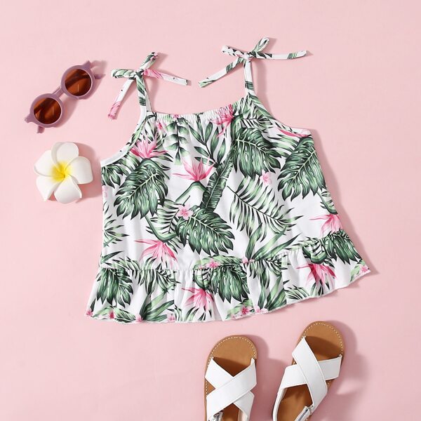 

Toddler Girls Tropical Print Knot Shoulder Ruffle Hem Cami Top, Multicolor