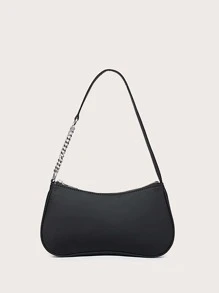 Ladies' One-Shoulder Bag, Baguette Bag, Minimalist Solid Color, Chain Splicing Shoulder Strap, Black Nylon For Outings And Shopping. - Black - View 1