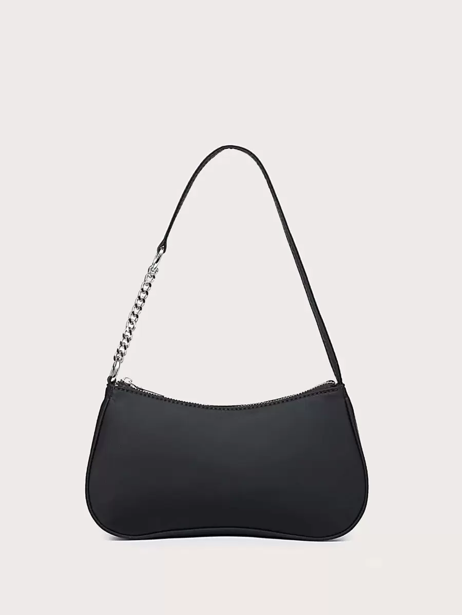 Ladies' One-Shoulder Bag, Baguette Bag, Minimalist Solid Color, Chain Splicing Shoulder Strap, Black Nylon For Outings And Shopping. - Black - View 1