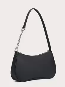 Ladies' One-Shoulder Bag, Baguette Bag, Minimalist Solid Color, Chain Splicing Shoulder Strap, Black Nylon For Outings And Shopping. - Black - View 2