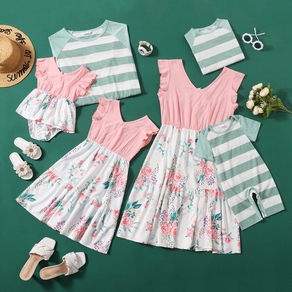

Baby Girl Floral Print Spliced Dress, Multicolor