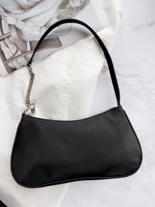 Ladies' One-Shoulder Bag, Baguette Bag, Minimalist Solid Color, Chain Splicing Shoulder Strap, Black Nylon For Outings And Shopping. - Black - View 3