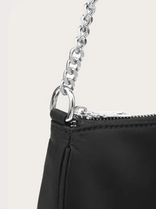 Ladies' One-Shoulder Bag, Baguette Bag, Minimalist Solid Color, Chain Splicing Shoulder Strap, Black Nylon For Outings And Shopping. - Black - View 5