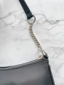 Ladies' One-Shoulder Bag, Baguette Bag, Minimalist Solid Color, Chain Splicing Shoulder Strap, Black Nylon For Outings And Shopping. - Black - View 6