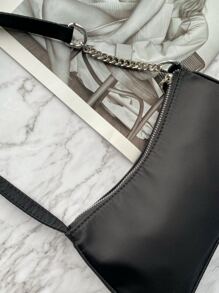 Ladies' One-Shoulder Bag, Baguette Bag, Minimalist Solid Color, Chain Splicing Shoulder Strap, Black Nylon For Outings And Shopping. - Black - View 7