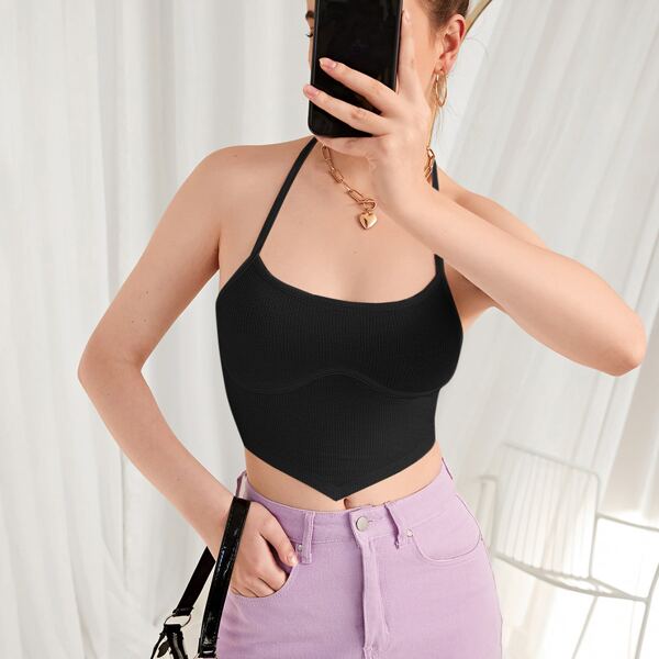 

Self Tie Seam Front Halter Top, Black