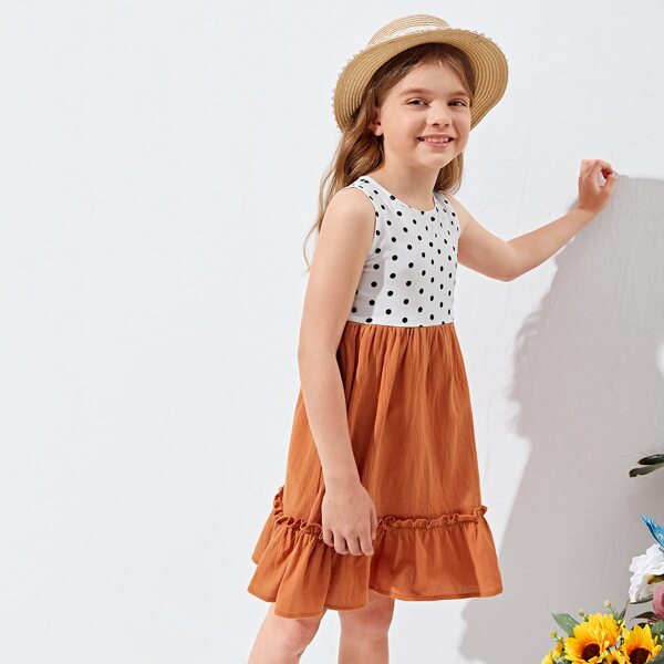 

Girls Polka Dot Bodice Ruffle Hem Dress, Multicolor