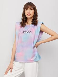 SHEIN Unity 字母圖案紮染肩棉服背心上衣 - 彩色 - 查看 3