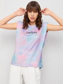 SHEIN Unity 字母圖案紮染肩棉服背心上衣 - 彩色 - 查看 4