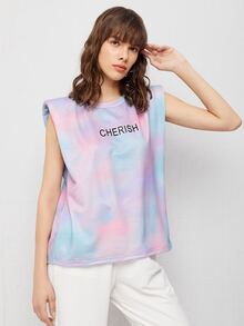 SHEIN Unity 字母圖案紮染肩棉服背心上衣 - 彩色 - 查看 5