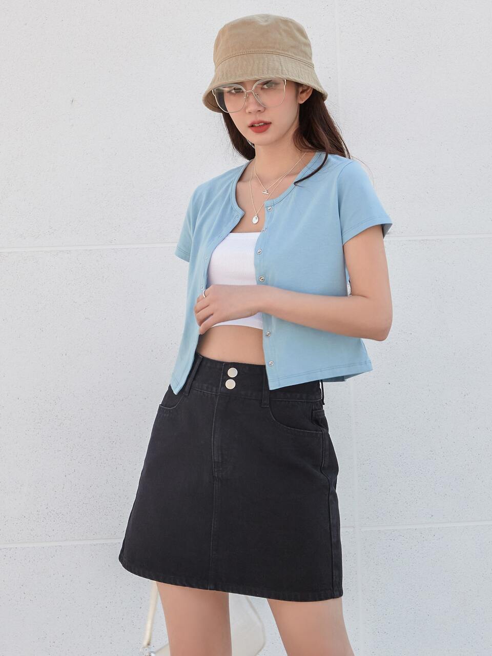 Letter Embroidery Button Fly Denim Skirt