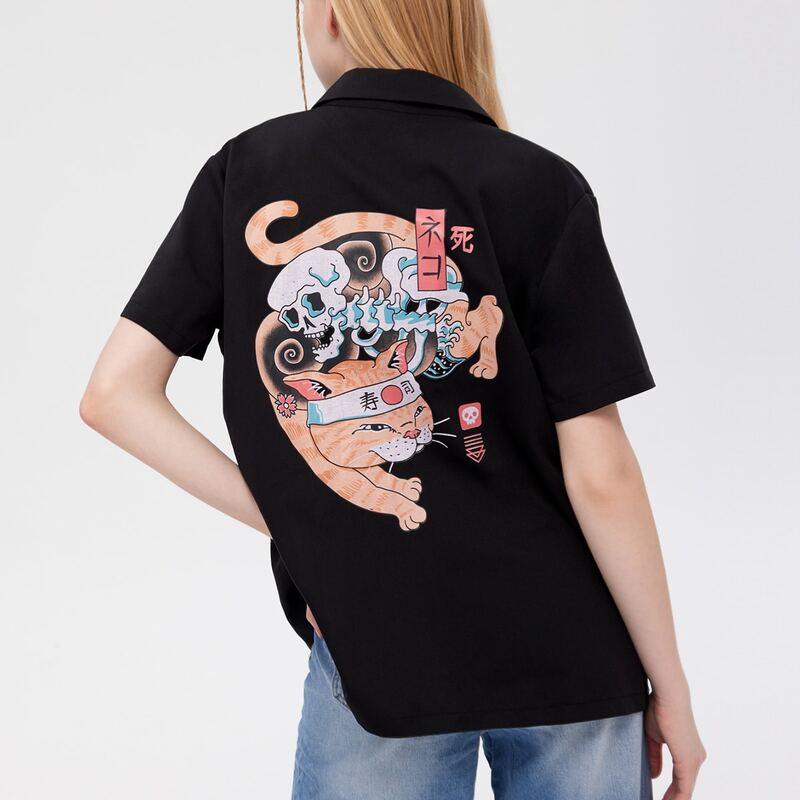 

Cat Graphic Button Front Shirt, Black