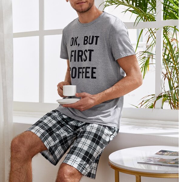 

Men Slogan And Plaid Print Pajama Set, Multicolor
