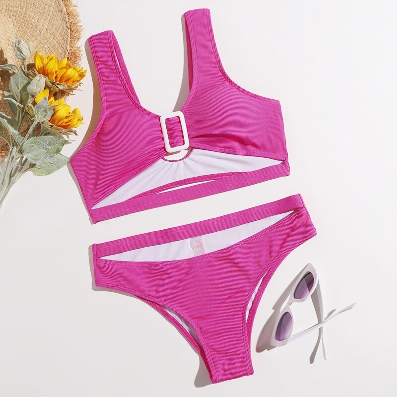 

Solid Cut Out Bikini Swimsuit, Hot pink