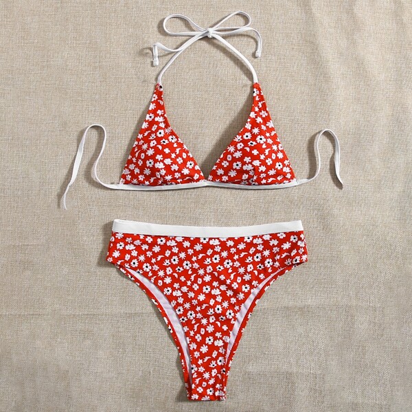 

Floral Print Halter Bikini Swimsuit, Red and white