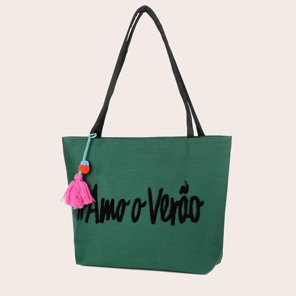 

Tassel Decor Letter Graphic Tote Bag, Green