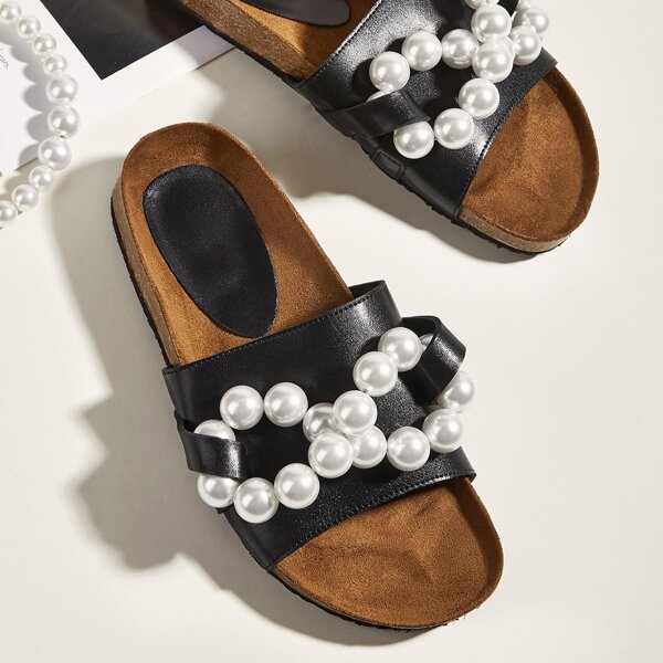 

Faux Pearl Decor Footbed Sandals, Black