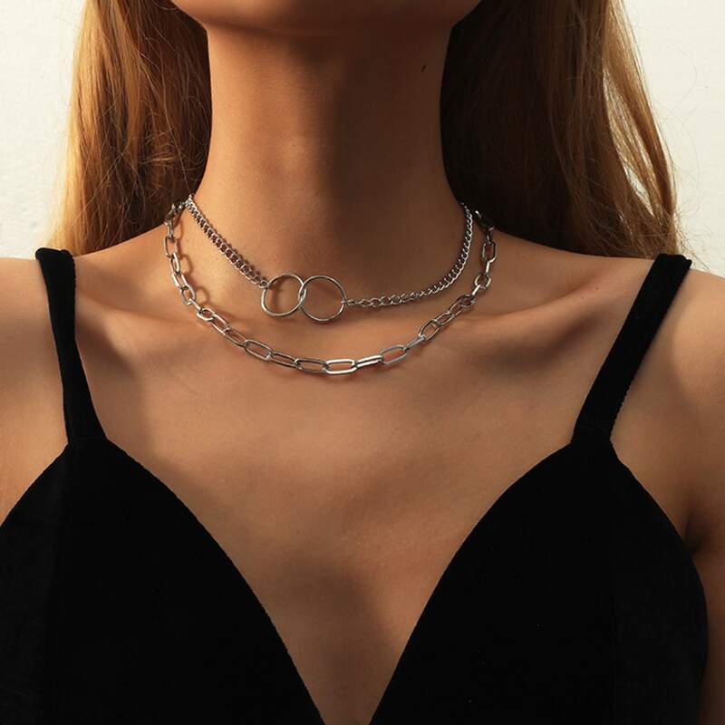 

Ring Layered Chain Necklace, Silver