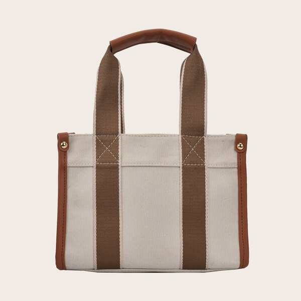 

Colorblock Canvas Satchel Bag, Beige