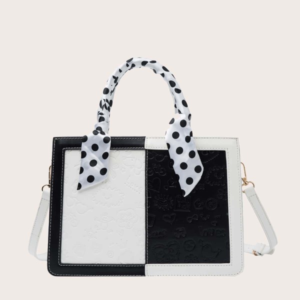 

Two Tone Cartoon Embossed Satchel Bag, Black and white