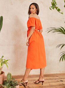 SHEIN 1入組熒光橙露肩腰帶洋裝 - 橘色 - 查看 2