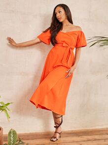 SHEIN 1入組熒光橙露肩腰帶洋裝 - 橘色 - 查看 3