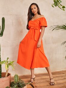 SHEIN 1入組熒光橙露肩腰帶洋裝 - 橘色 - 查看 4