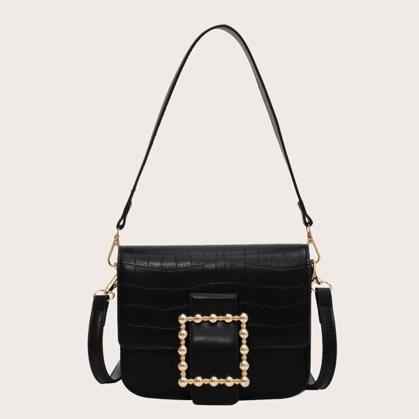 

Metal Decor Croc Embossed Shoulder Bag, Black