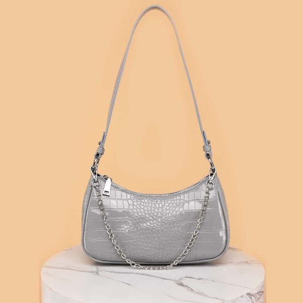 

Chain Decor Croc Embossed Shoulder Bag, Grey