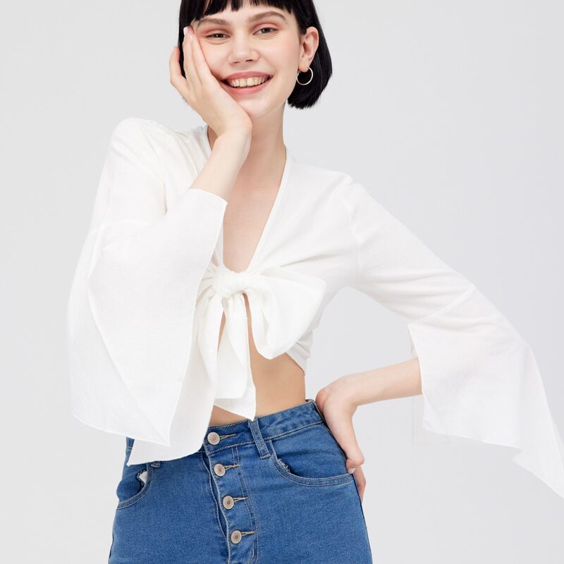 

Tie Front Bell Sleeve Top, White